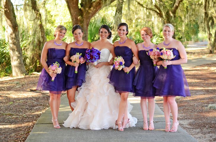 Purple Cocktail Bridesmaid Dresses And Gold Shoes