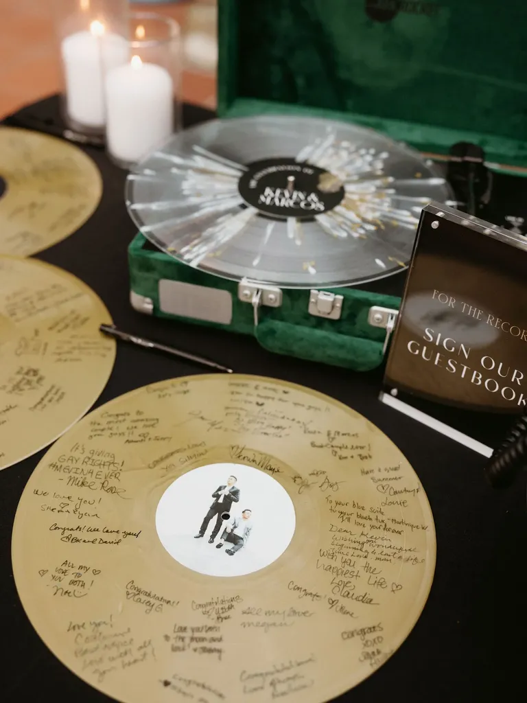 Gold vinyl record as wedding guestbook, taylor swift themed wedding 