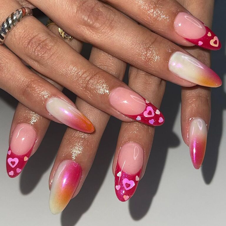 red yellow and pink ombre wedding nails with hearts