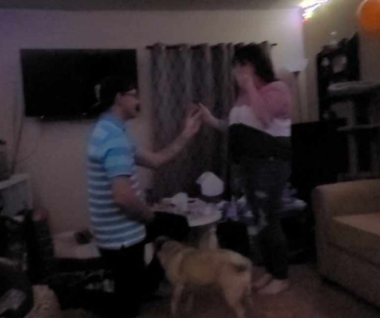 While out to a special dinner to introduce our parents, Mike had our friends break into Myah's house and decorate. When we got back home, Myah noticed the decorations and laughed maniacally while Mike led her to the living room to propose.