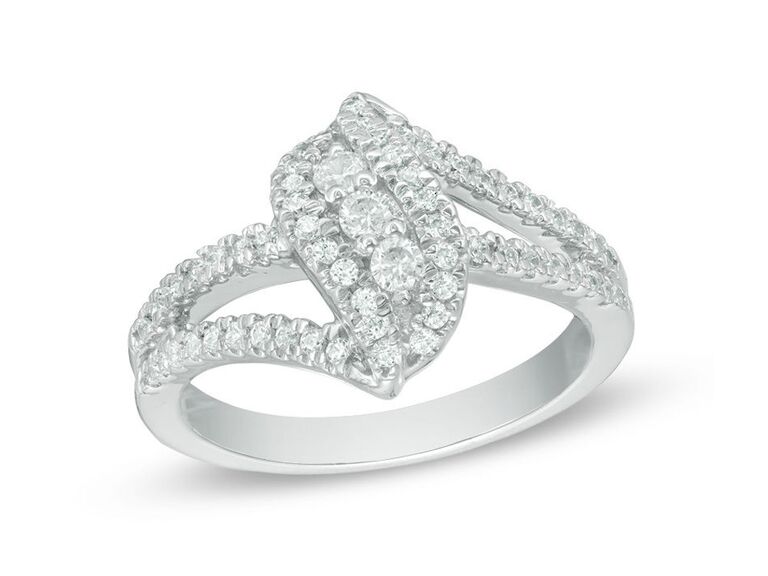 zales split shank engagement ring with three round diamond wave center round diamond wave halo and diamond encrusted split shank white gold band