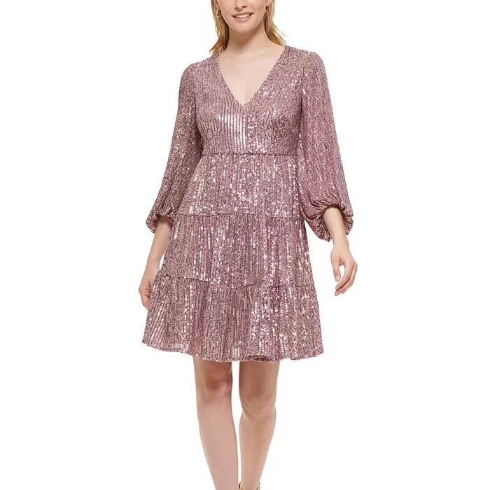 A pink sequin knee-length dress with a tiered flowing skirt and balloon sleeves from Macy's