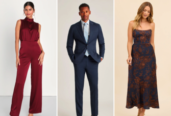 Three cocktail attire wedding guest outfit ideas for men and women