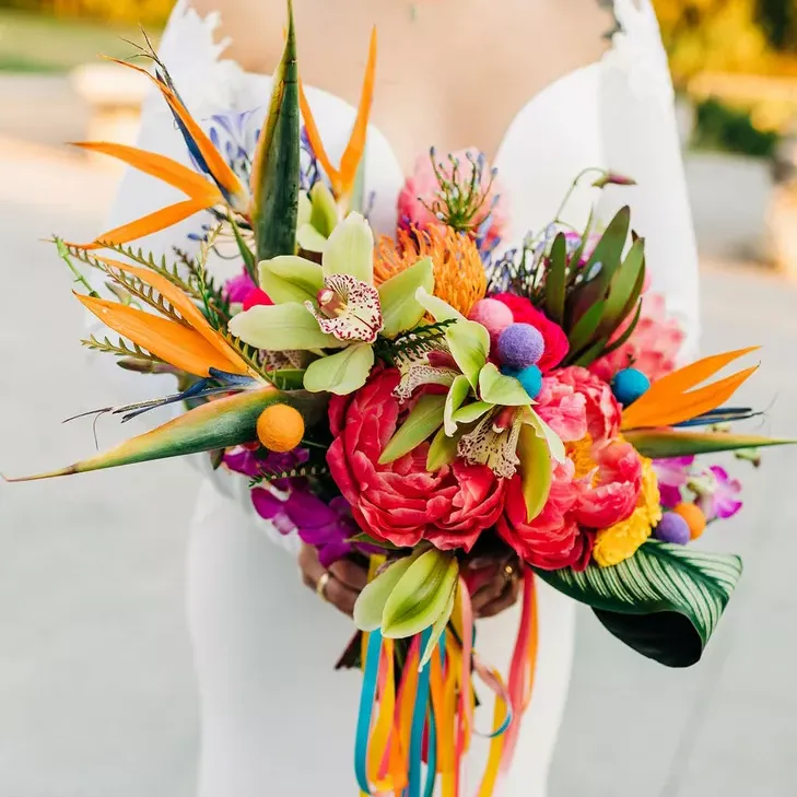 Colorful wedding bouquet with Birds of Paradise