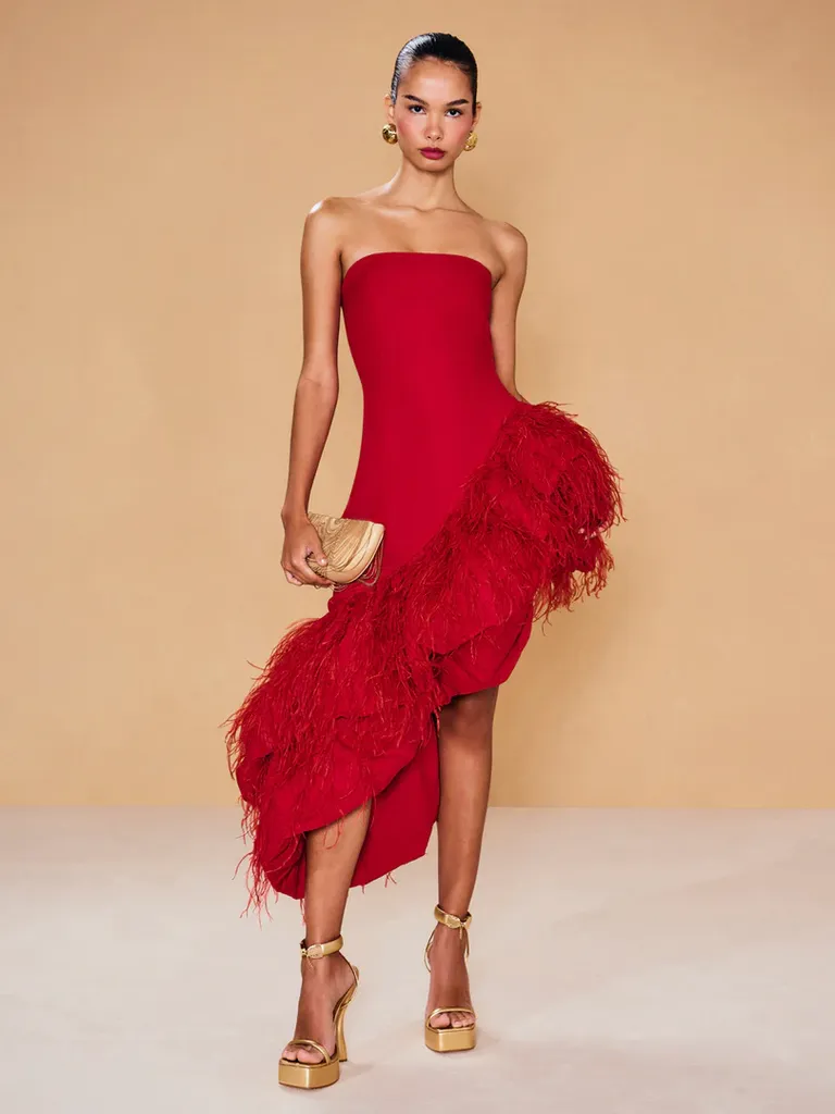 red strapless dress with asymmetrical feather hem