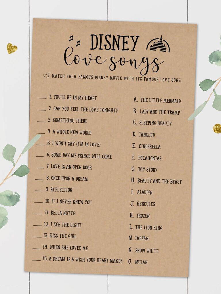 Etsy Disney love songs printable wedding shower game 