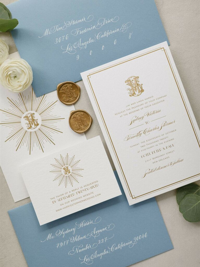 Sky blue and ivory wedding invitation suite