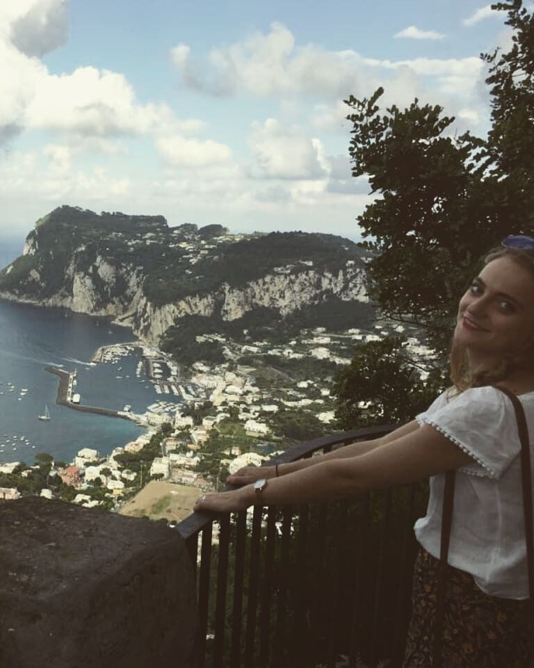 Amy and the Anacapri vantage point of the Capri island.