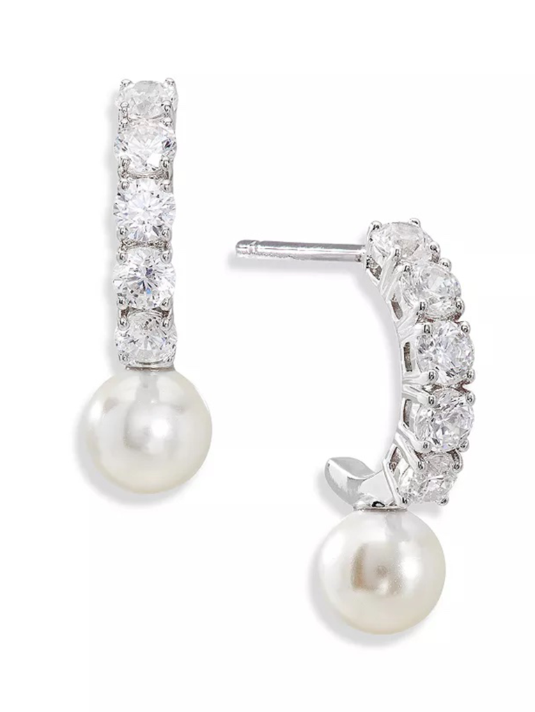 CZ hoops with dangling pearls