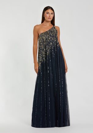 One-shoulder evening gown featuring allover sequins with a shimmering ombré effect and a flowing, elegant silhouette.