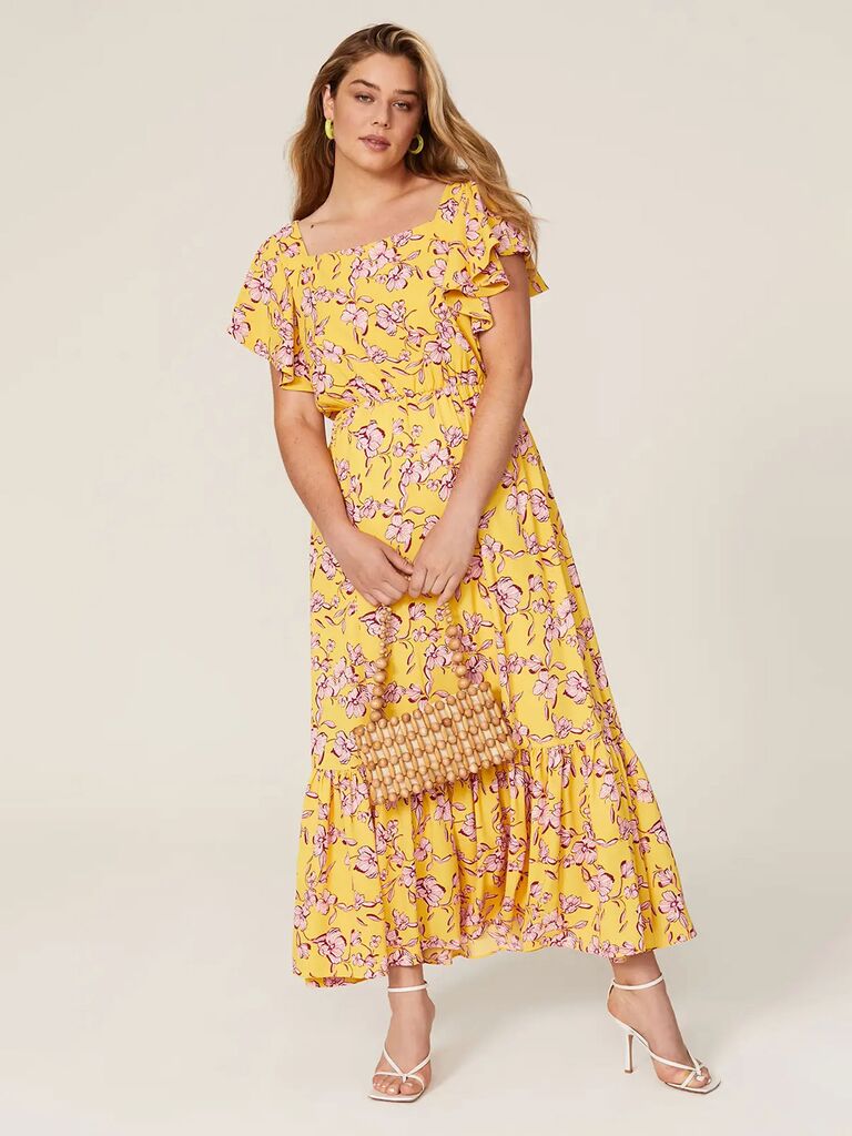 Sachin & Babi yellow floral RTR wedding guest with flutter sleeves