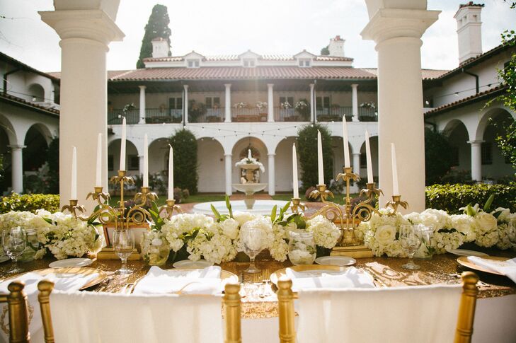 Gold And White Head Table At Courtyard In Crane Cottage