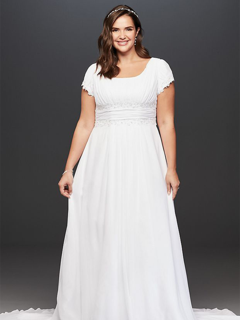 Chiffon gown with flutter sleeves and embroidered belt