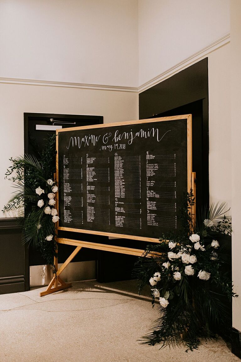 Chalkboard seating chart with floral accents