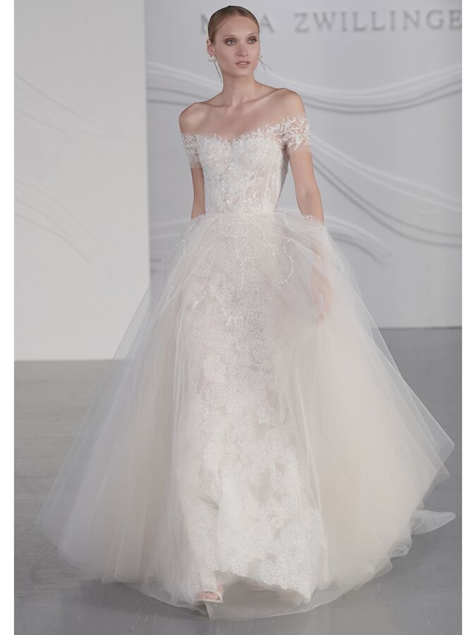 Mira Zwillinger strapless wedding dress with detachable tulle skirt and shoulder topper