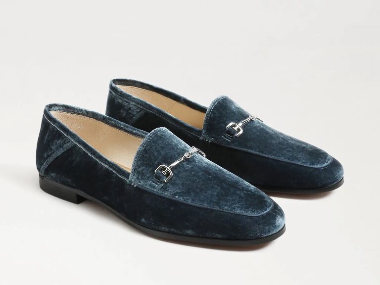 blue velvet wedding loafers with silver hardware