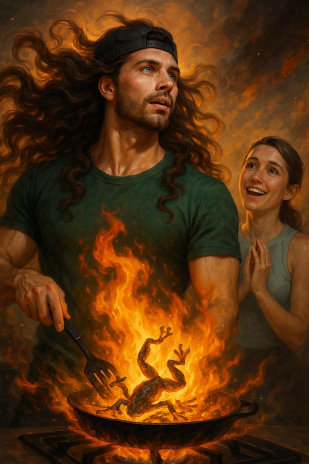 Alexis and Logan met in 2015 through a mutual friend. Alexis was disgusted by Logan's attempt to cook frog legs on the stove. If it wasn't for quick action of opening windows and doors, the smoke alarm would have gone off. Needless to say, it was a memorable first impression. 

(Picture: Logan's interpretation of the event with the help of AI)