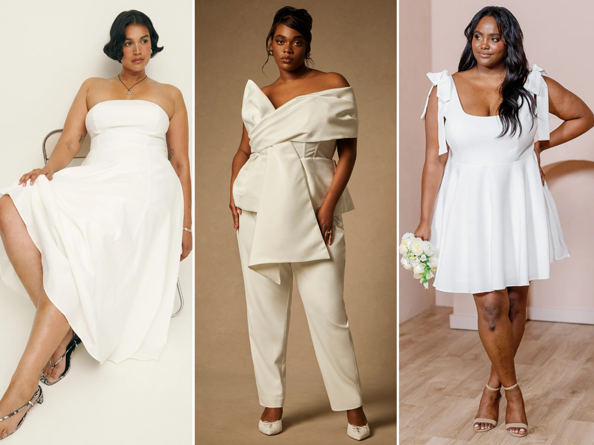 Collage of three plus size courthouse wedding dresses