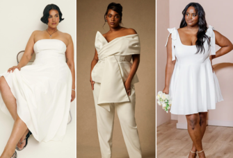 Collage of three plus size courthouse wedding dresses