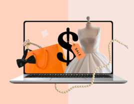 Laptop with wedding dress discounts on screen