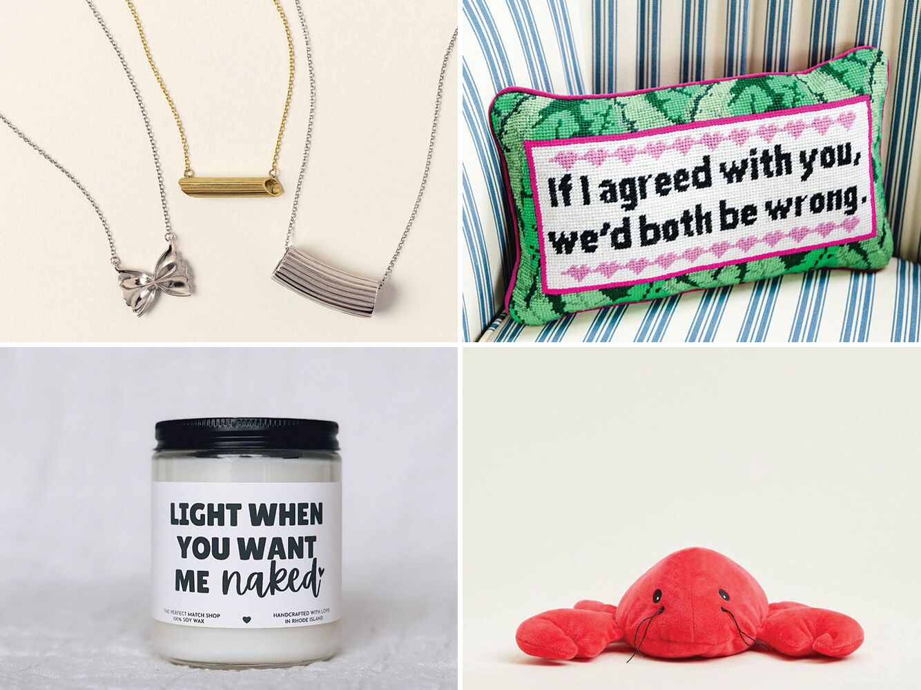 Funny Valentine's Day gift ideas: pasta necklaces, funny pillow, stuffed lobster, funny candle