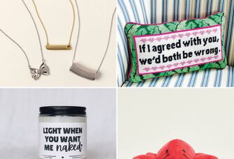 Funny Valentine's Day gift ideas: pasta necklaces, funny pillow, stuffed lobster, funny candle