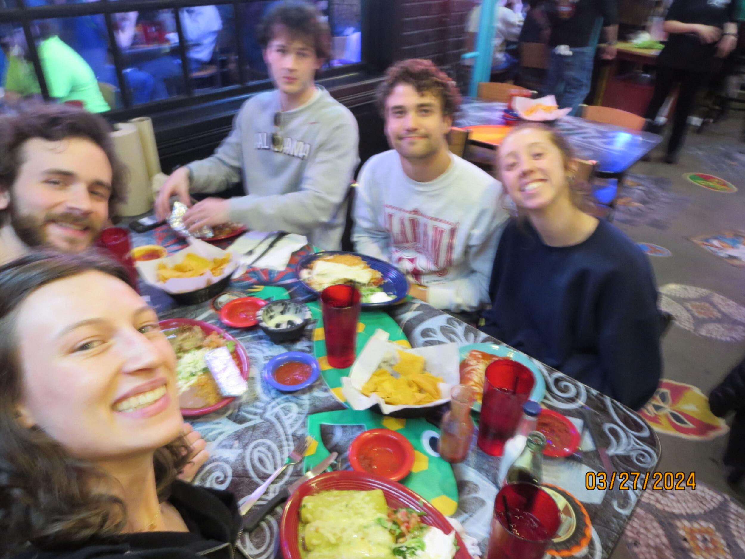 HAD A SURPRISE DINNER FOR SAMMYS BDAY! HE REALLY LOVED THE PART WHEN THE WAITRESSES BROUGHT THE COWBELL OUT AND FORCED HIM TO WEAR A SOMBRERO THE SIZE OF TEXAS.