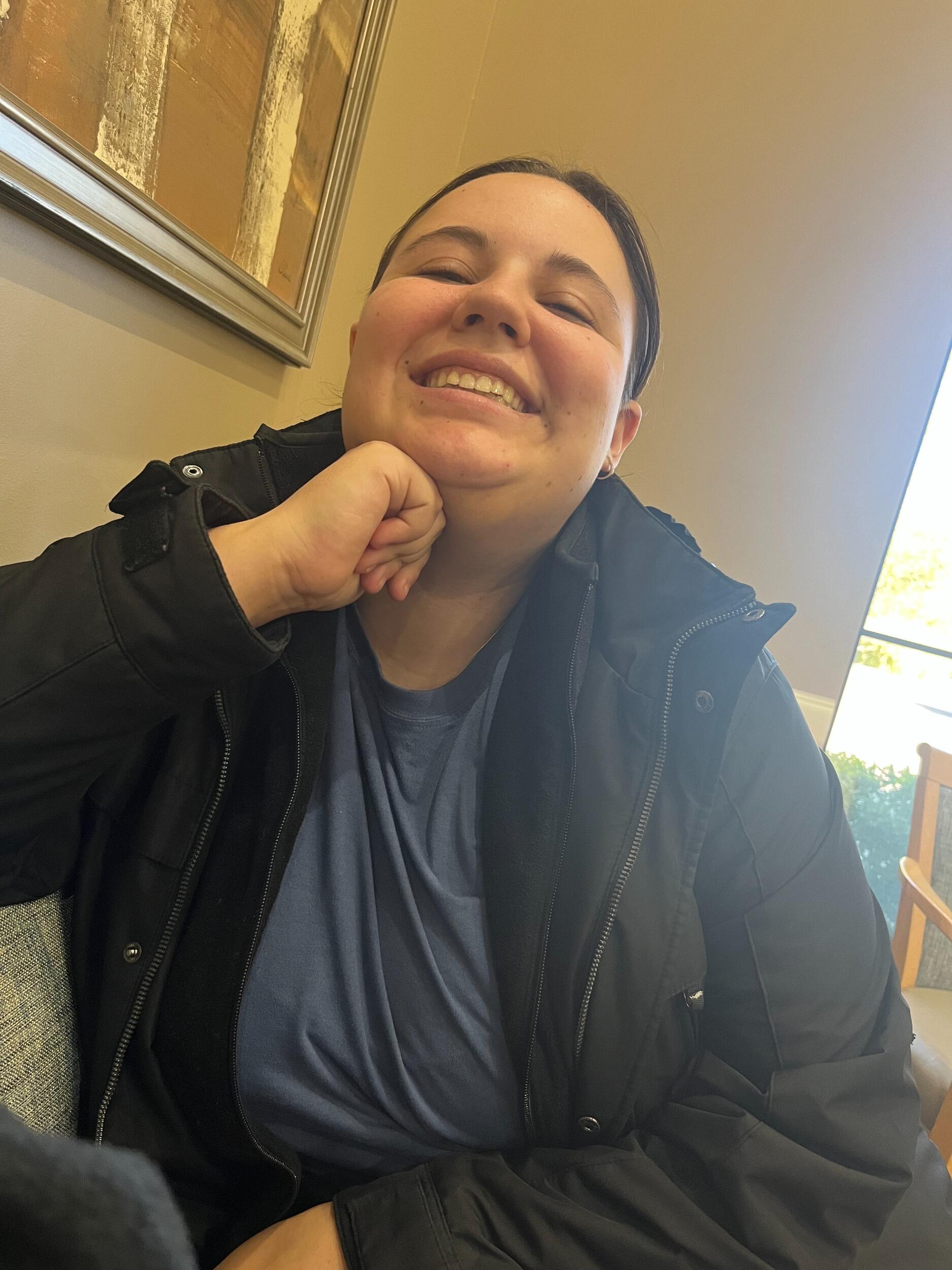 Julia nervous in the waiting room about to get her wisdom teeth removed. She rocked it!