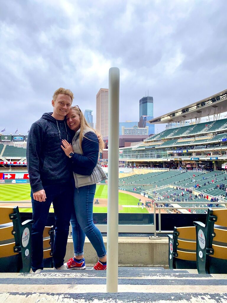 Our first photo together at a MN Twins Game. We were brand new to our time dating, but were already spending a lot of time together. On a cold spring day, we found ourselves in the DELTA 360 suite eating chicken fingers and watching sports (which truth be told, neither of us really like)