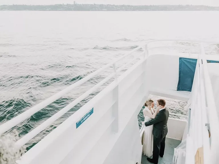 Bride and groom hugging on Waterways cruises