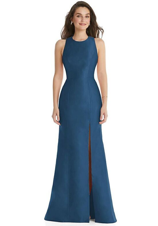 Open-Back High-Neck Halter Trumpet Gown