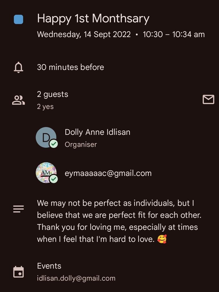 Dolly sent a calendar invite to Arbhen on September 14 as their first monthsary. Arbhen finally crossed the friendzone phase and became Dolly's first boyfriend.