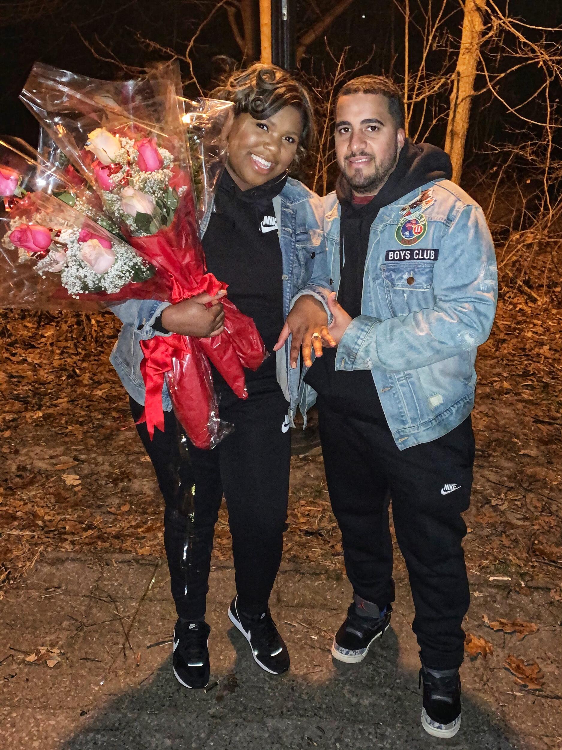 Eddie proposed to Neffy the day after Christmas in Prospect Park complete with: a 4 part speech, candlelit bridge, gold letter balloons that spelt “I LOVE YOU”, and rose petals on the floor. The path to the big reveal was filled with  multiple checkpoints where Neffy was greeted by a loved one and given roses and blessings for their relationship. 