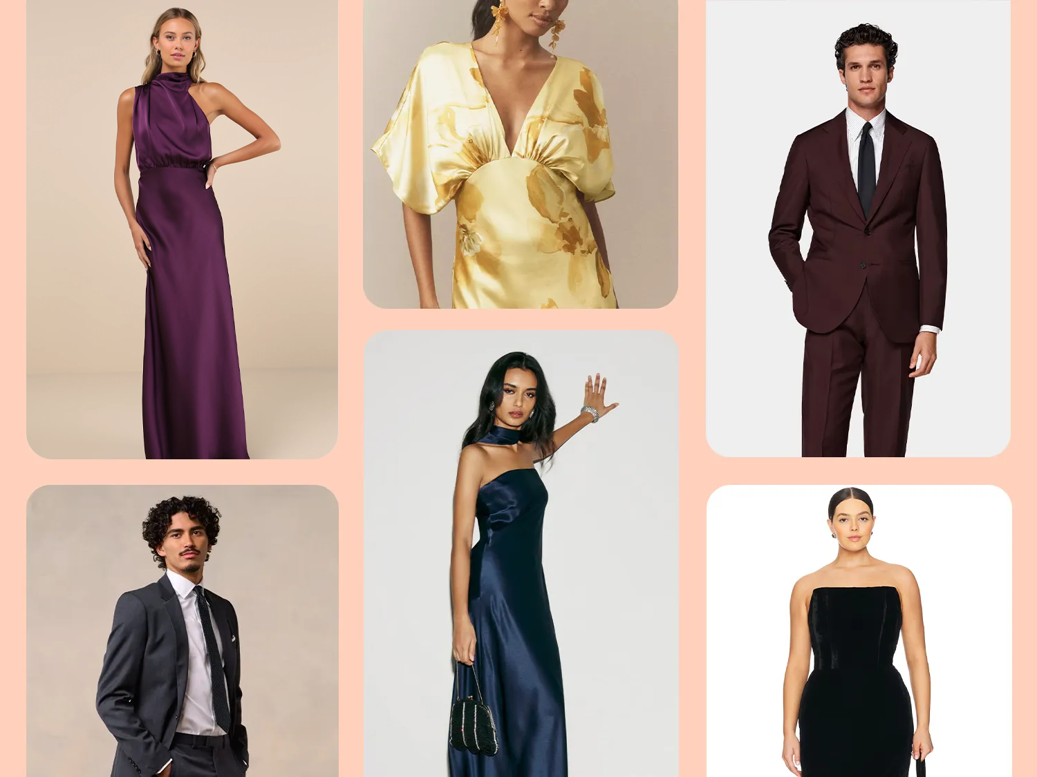 Collage of formal wedding guest outfits