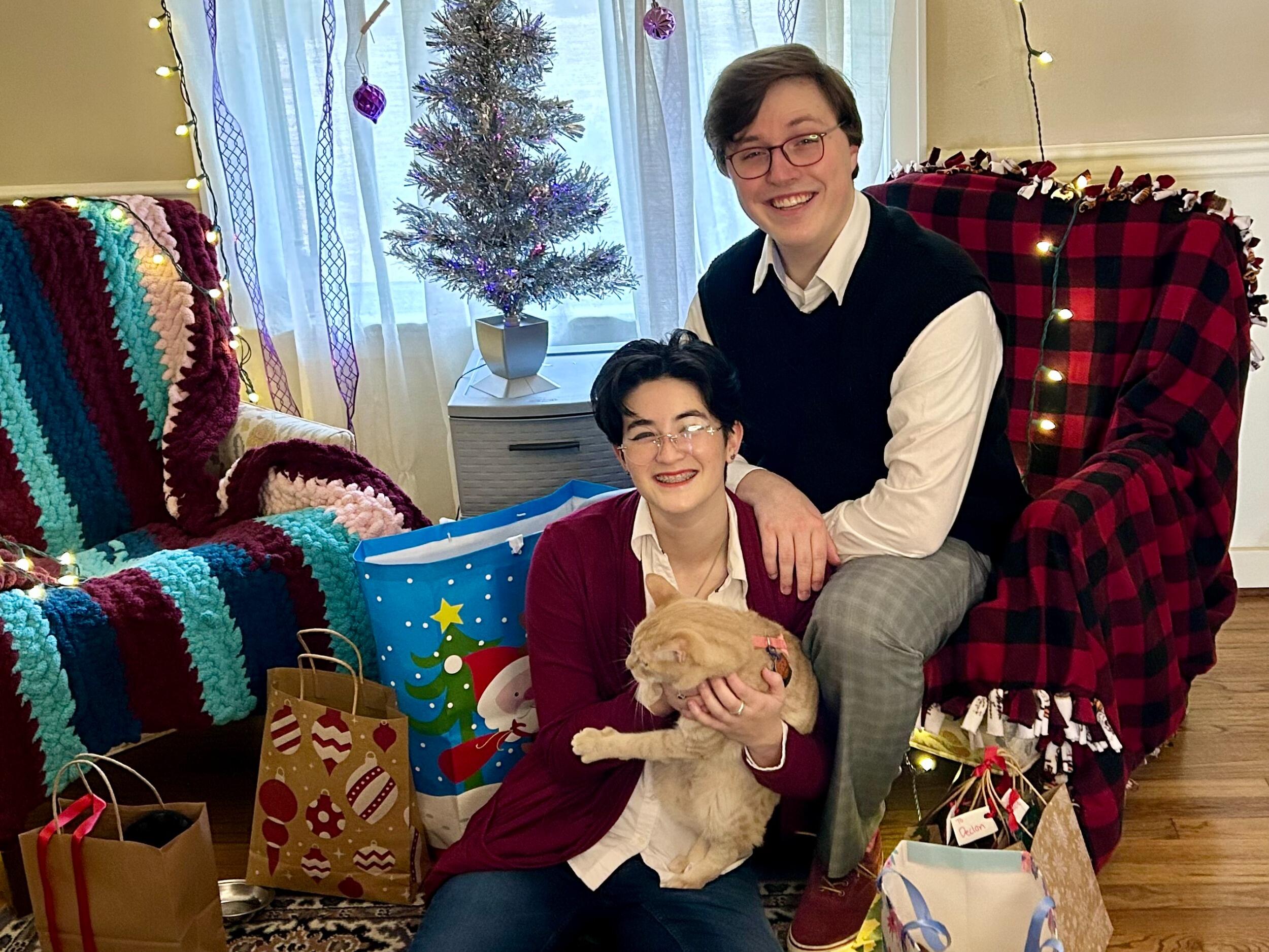 Merry Christmas from Ben, Lien, & the cats! (Eggnog, Elf on the Shelf, and Turtledove)