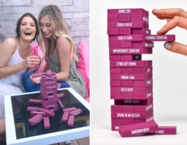 Collage of two women playing pink bachelorette jenga and a close up of the game