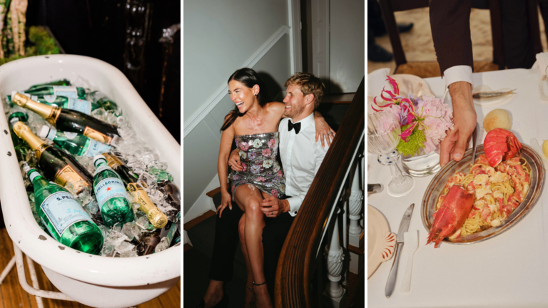 dinner party wedding vibe collage with bottles of champagne, flash photography and lobster tail served on silver platter