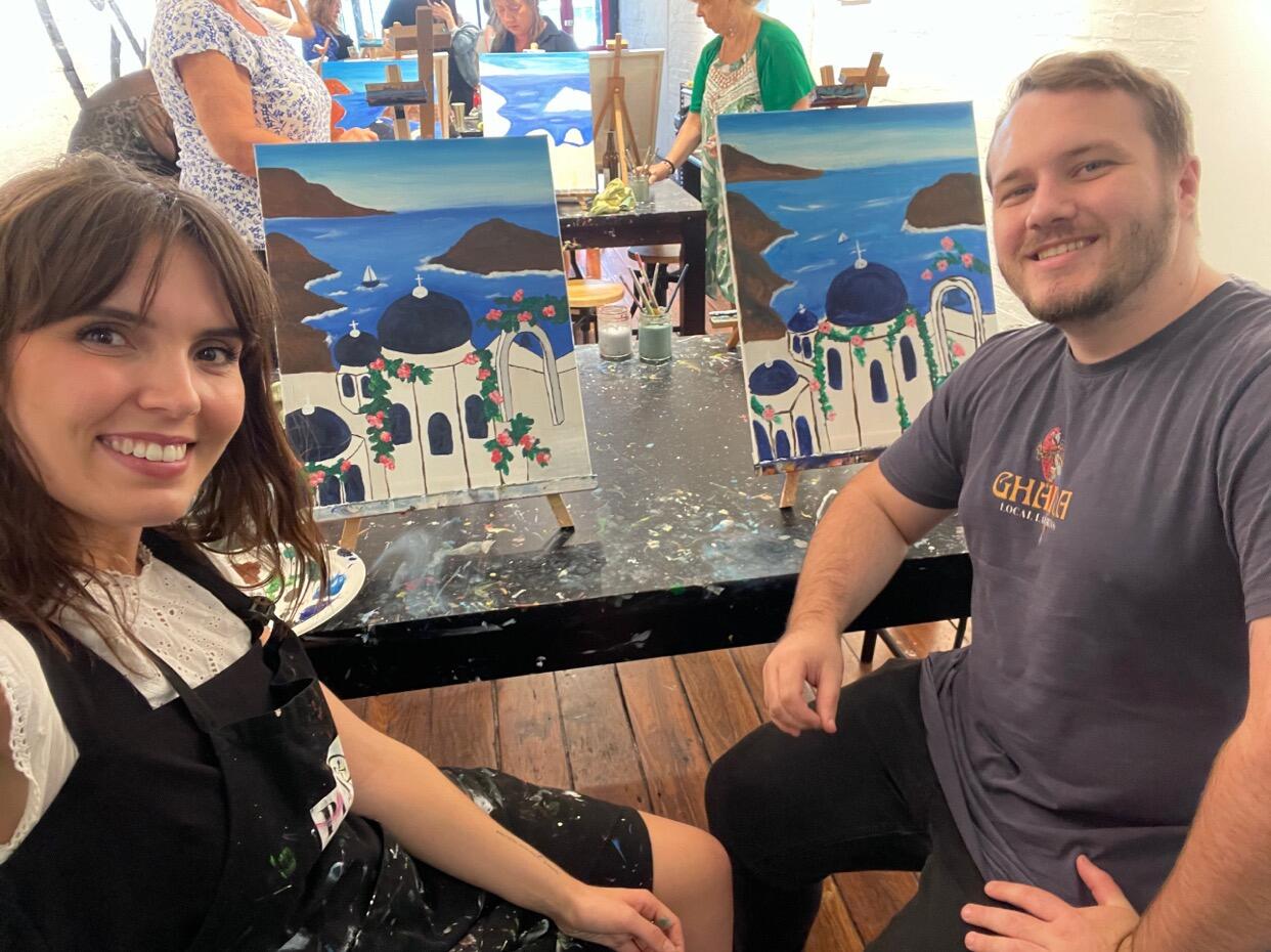 Calling Mr and Mrs Picasso!! Cute Paint and Sip dates capturing the beauty of Greece! A place both Ben and Matilda dream of adventuring to. It is definitely on the cards!! All they can remember about that night is the cute dog that walked around while you painted.