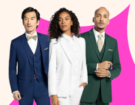 graphic collage featuring three men's and women's suit styles