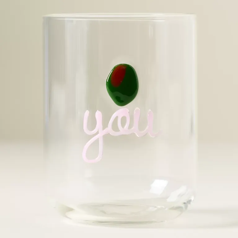 "Olive You" juice glass maid of honor gift from Anthropologie