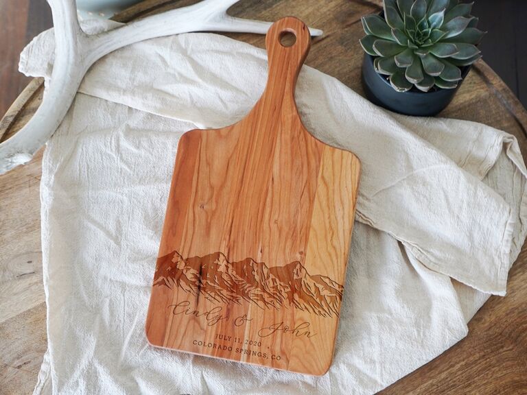 Personalized charcuterie board with mountain design from Etsy