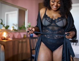 Woman wearing black lingerie in boudoir photo shoot for wedding 