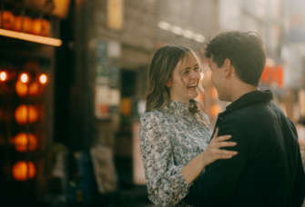 Couple smiling in Tokyo, Tokyo proposal ideas