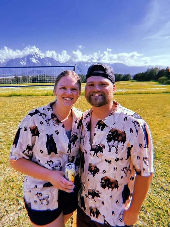 Another day celebrating people we love, this time in Palmer, AK. Insane view, right?! The plan for our matching outfits for beer Olympics was to bring jerseys with us, but someone (Braydon) forgot to pack them which resulted in the first stop being the Anchorage airport gift shop for these super awesomely overpriced shirts. They were a hit though!