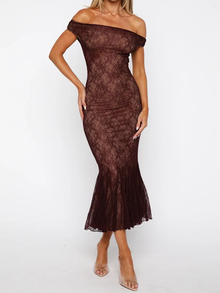 Maroon lace off the shoulder midi winter wedding guest dress from White Fox Boutique