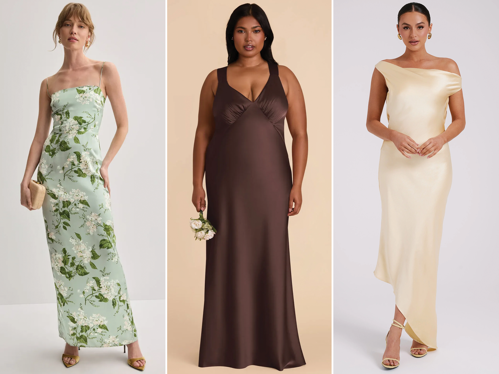A collage of three inexpensive bridesmaid dresses