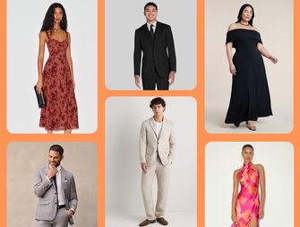 Collage of semi-formal wedding guest outfits