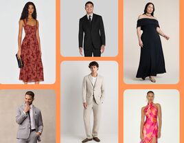 Collage of semi-formal wedding guest outfits
