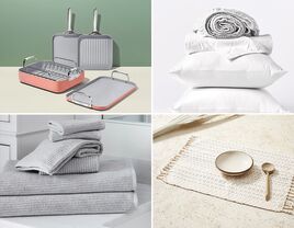 Four eco-friendly wedding gifts: squareware set, sheet set, a placemat, towels