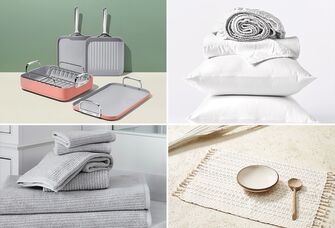 Four eco-friendly wedding gifts: squareware set, sheet set, a placemat, towels